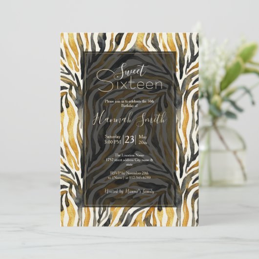 Gold Black Zebra Print Pattern Einladung (Stehend Vorderseite)
