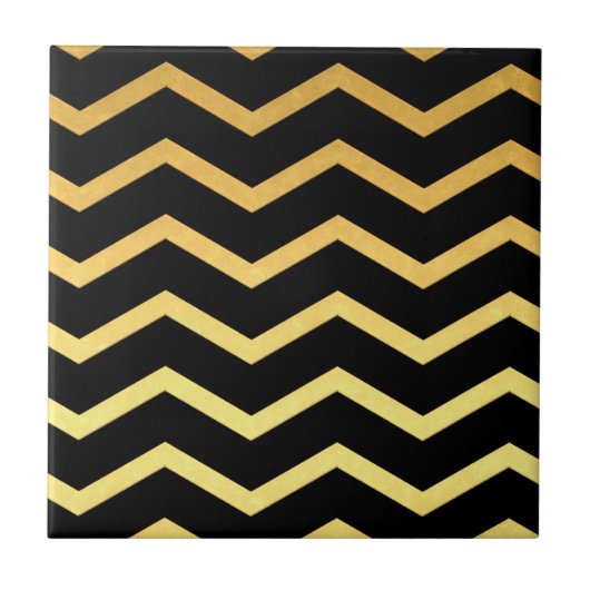 Gold & Black Zig Zag Muster Fliese (Vorderseite)
