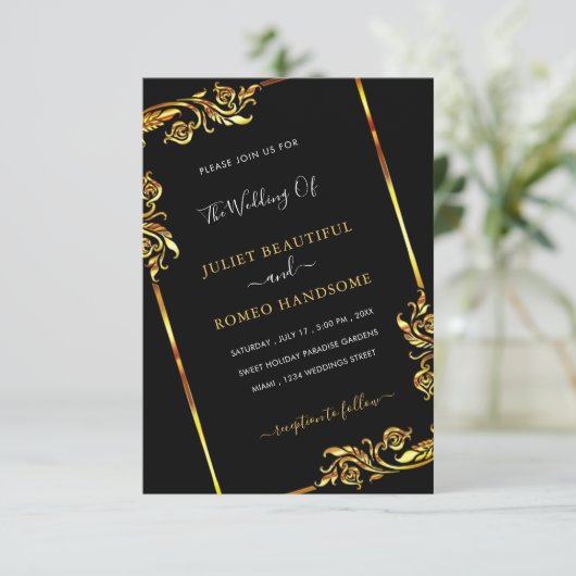 Gold BlackElegante Gerahmt Moderne Hochzeitseinlad (Stehend Vorderseite)