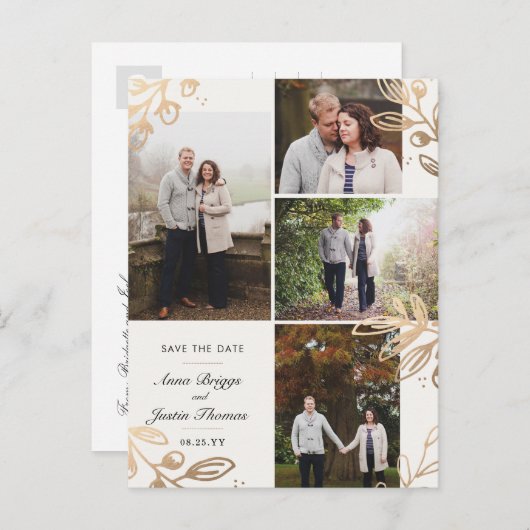 Gold Blätter 4 Foto Save the Date Ankündigungspostkarte (Vorne/Hinten)