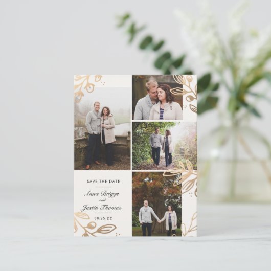 Gold Blätter 4 Foto Save the Date Ankündigungspostkarte (Stehend Vorderseite)