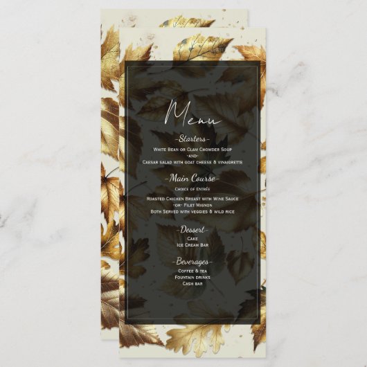 Gold Blätter Almond Beige & Black Hochzeit im Herb Menükarte (Vorne/Hinten)
