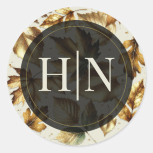 Gold Blätter Almond Beige Creme Black Hochzeit im  Runder Aufkleber
