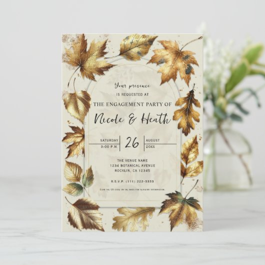Gold Blätter Almond Beige Fall Verlobung Einladung (Stehend Vorderseite)