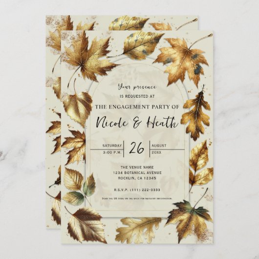Gold Blätter Almond Beige Fall Verlobung Einladung (Vorne/Hinten)