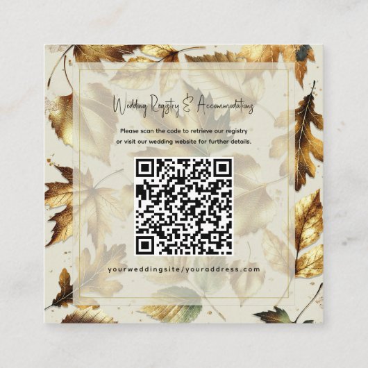 Gold Blätter Almond Beige Glam Hochzeit im Herbst Quadratische Visitenkarte (Rückseite)