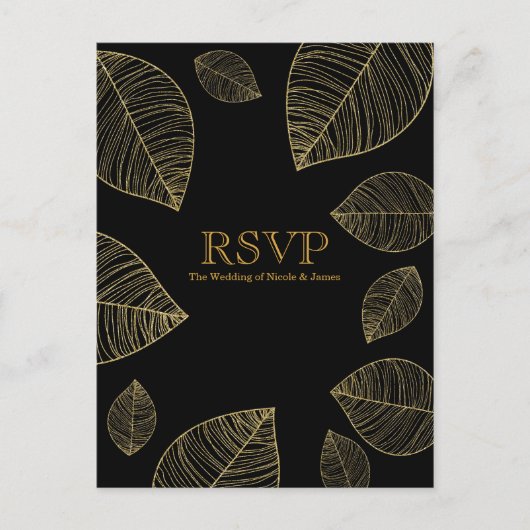 Gold Blätter auf Black Elegant Wedding RSVP Card Einladungspostkarte (Vorderseite)