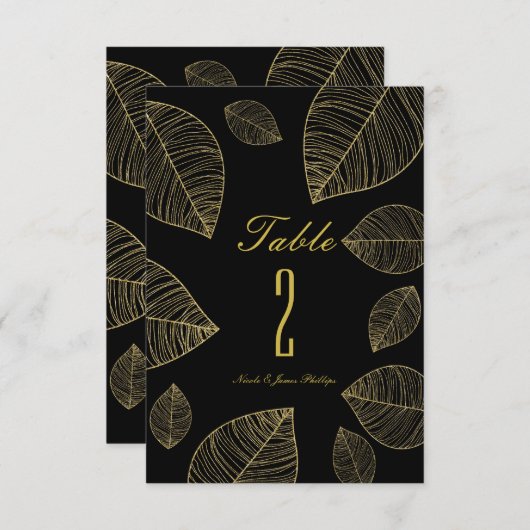 Gold Blätter auf Black Elegant Wedding Tischnummer (Vorne/Hinten)