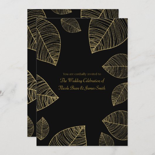 Gold Blätter auf Black Elegante Hochzeiten Einladu Einladung (Vorne/Hinten)