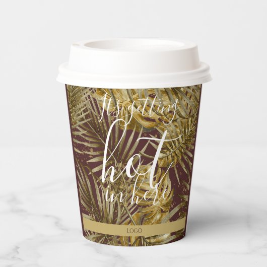 Gold-Blätter auf Bordeaux-Braun - warme Getränke Pappbecher (Rückseite)