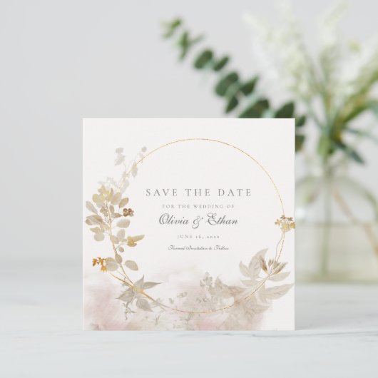 Gold-Blätter auf Goldrahmen Save the Date (Stehend Vorderseite)