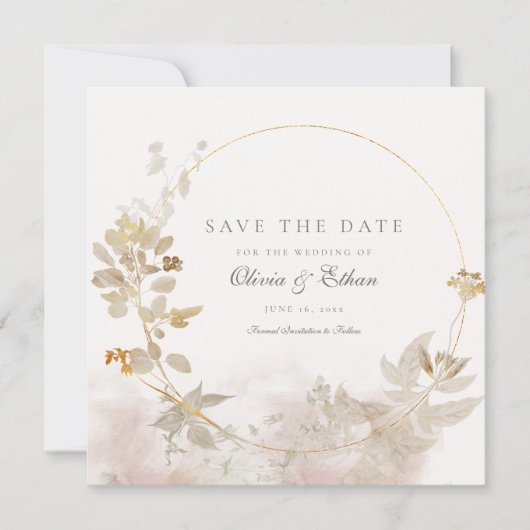 Gold-Blätter auf Goldrahmen Save the Date (Vorderseite)