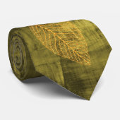Gold Blätter auf Olive Green Satin Look Krawatte (Gerollt)