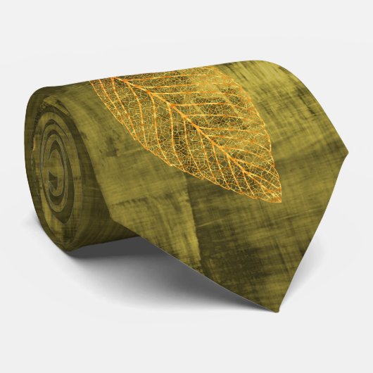 Gold Blätter auf Olive Green Satin Look Krawatte (Gerollt)