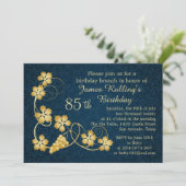 Gold Blätter auf Reben, blaue Damast 85. Geburtsta Einladung (Stehend Vorderseite)