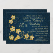 Gold Blätter auf Reben, blaue Damast 85. Geburtsta Einladung (Vorne/Hinten)