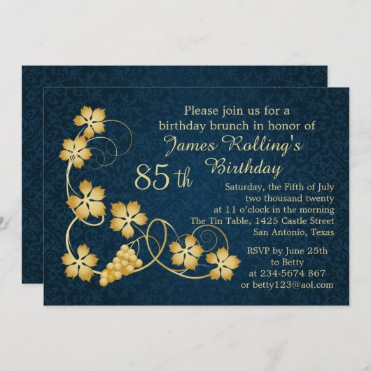 Gold Blätter auf Reben, blaue Damast 85. Geburtsta Einladung (Vorne/Hinten)