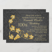 Gold Blätter auf Reben, Graudamast 100. Geburtstag Einladung (Vorne/Hinten)