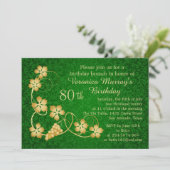 Gold Blätter auf Reben, grüner Damast 80. Geburtst Einladung (Stehend Vorderseite)