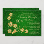 Gold Blätter auf Reben, grüner Damast 80. Geburtst Einladung (Vorne/Hinten)