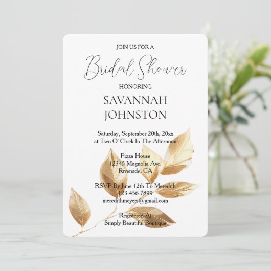 Gold-Blätter-Brautparty Einladung (Stehend Vorderseite)