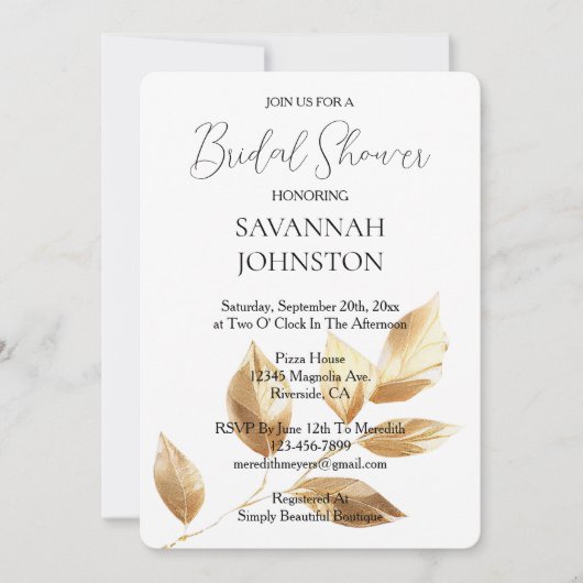 Gold-Blätter-Brautparty Einladung (Vorderseite)