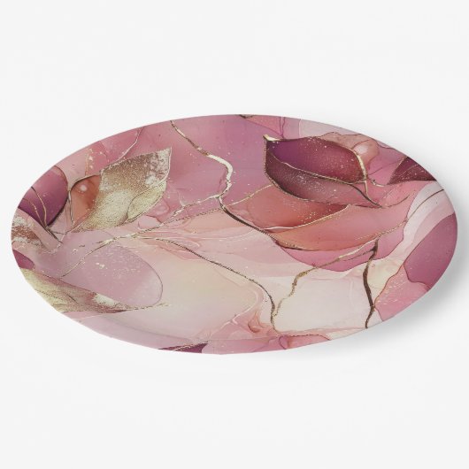 Gold Blätter Burgundy Blush Pink Brautparty Pappteller (Schrägansicht)