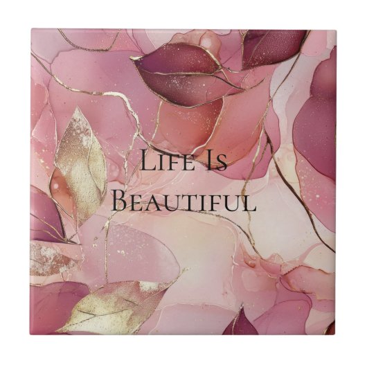 Gold Blätter Burgundy Blush Pink Fliese (Vorderseite)