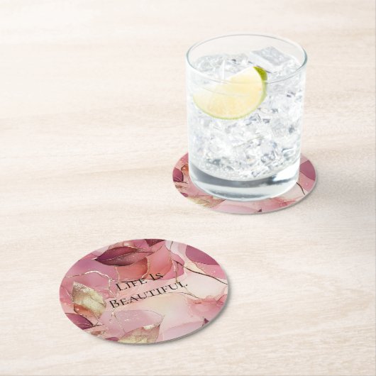 Gold Blätter Burgundy Blush Pink Runder Pappuntersetzer (Vor Ort)