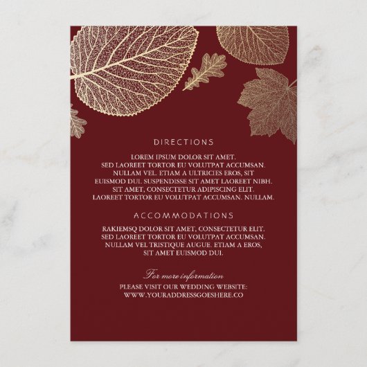 Gold-Blätter Burgundy-Hochzeitdetails - Informatio Begleitkarte (Vorderseite)