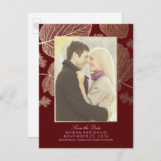 Gold Blätter Fall Burgund Foto Save the Date Ankündigungspostkarte (Vorne/Hinten)