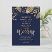 Gold Blätter fallen Typografie blauen Hochzeit Einladung (Stehend Vorderseite)