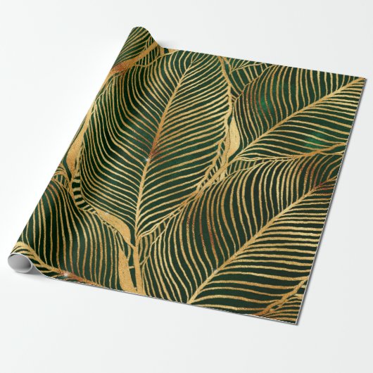 Gold Blätter Forest Green Elegantes Muster Geschenkpapier (Ungerollt)