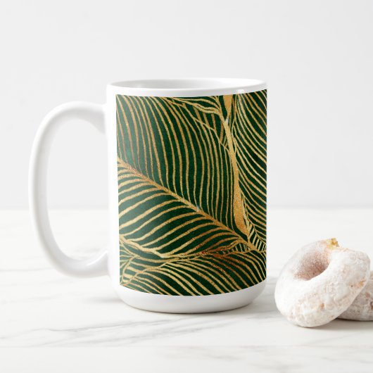 Gold Blätter Forest Green Elegantes Muster Kaffeetasse (Mit Donut)