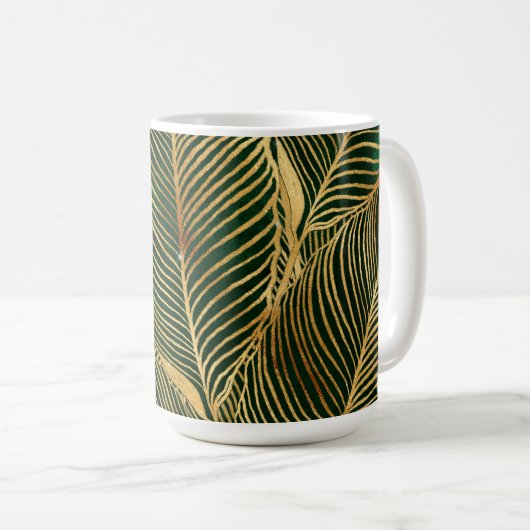Gold Blätter Forest Green Elegantes Muster Kaffeetasse (VorderseiteRechts)