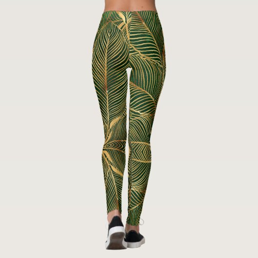 Gold Blätter Forest Green Elegantes Muster Leggings (Rückseite)