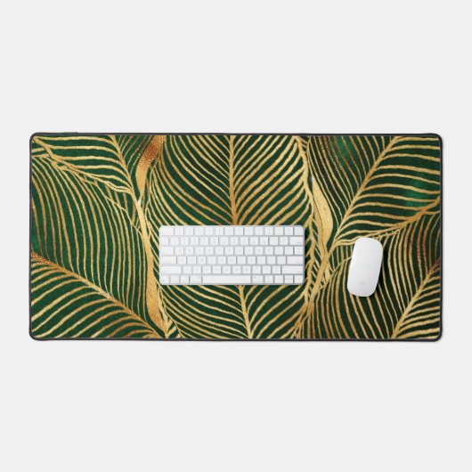 Gold Blätter Forest Green Elegantes Muster Schreibtischunterlage (Tastatur & Maus)