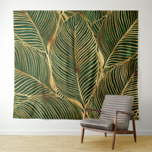 Gold Blätter Forest Green Elegantes Muster Wandteppich