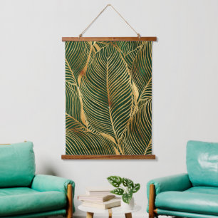 Gold Blätter Forest Green Elegantes Muster Wandteppich Mit Holzrahmen