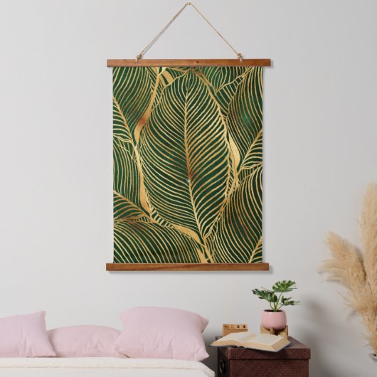 Gold Blätter Forest Green Elegantes Muster Wandteppich Mit Holzrahmen (Schlafzimmer)