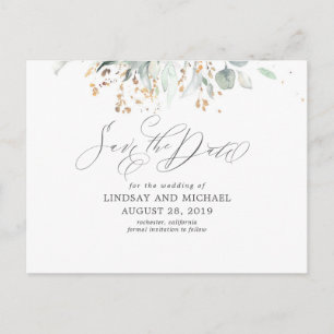 Gold Blätter Greenery Boho Save the Date Postkarte