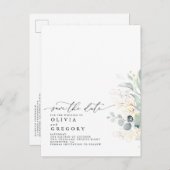 Gold Blätter Grüne Moderne Elegante Save the Date Ankündigungspostkarte (Vorne/Hinten)