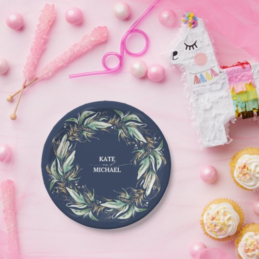 Gold Blätter Grüne Navy Blue Wedding Pappteller (Party)