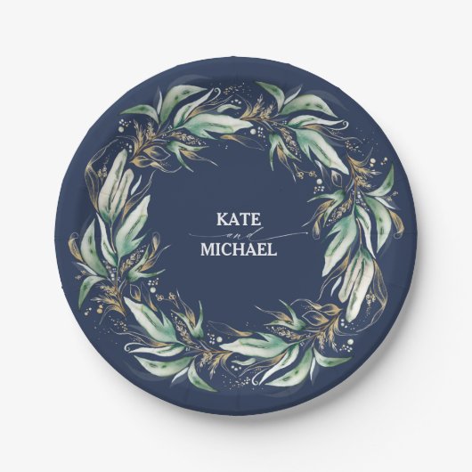 Gold Blätter Grüne Navy Blue Wedding Pappteller (Vorderseite)