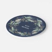 Gold Blätter Grüne Navy Blue Wedding Pappteller (Schrägansicht)