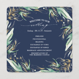 Gold Blätter Grüne Navy Blue Wedding Programm