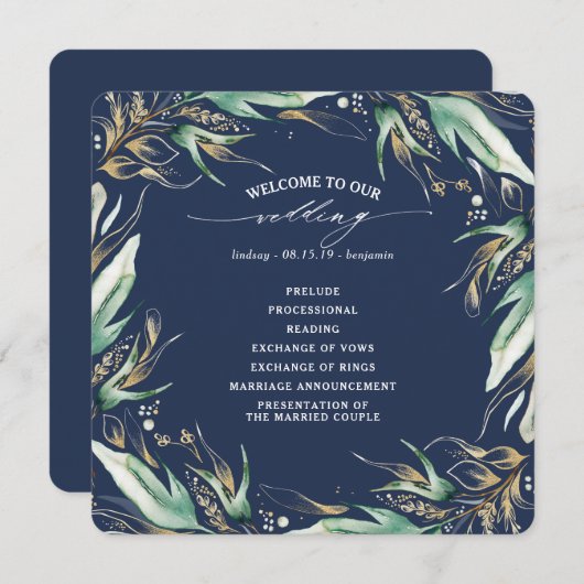 Gold Blätter Grüne Navy Blue Wedding Programm (Vorne/Hinten)