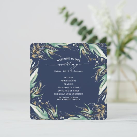 Gold Blätter Grüne Navy Blue Wedding Programm (Stehend Vorderseite)