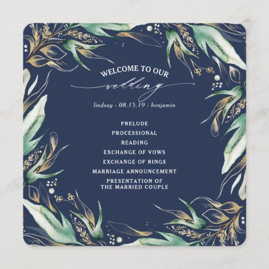 Gold Blätter Grüne Navy Blue Wedding Programm (Vorderseite)