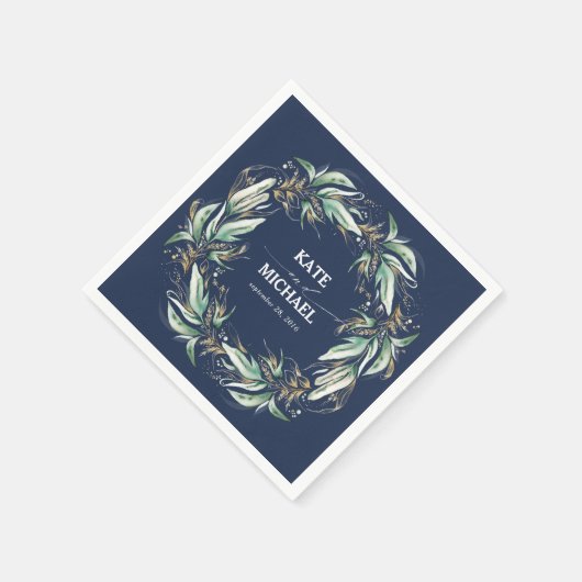 Gold Blätter Grüne Navy Blue Wedding Serviette (Ecke)